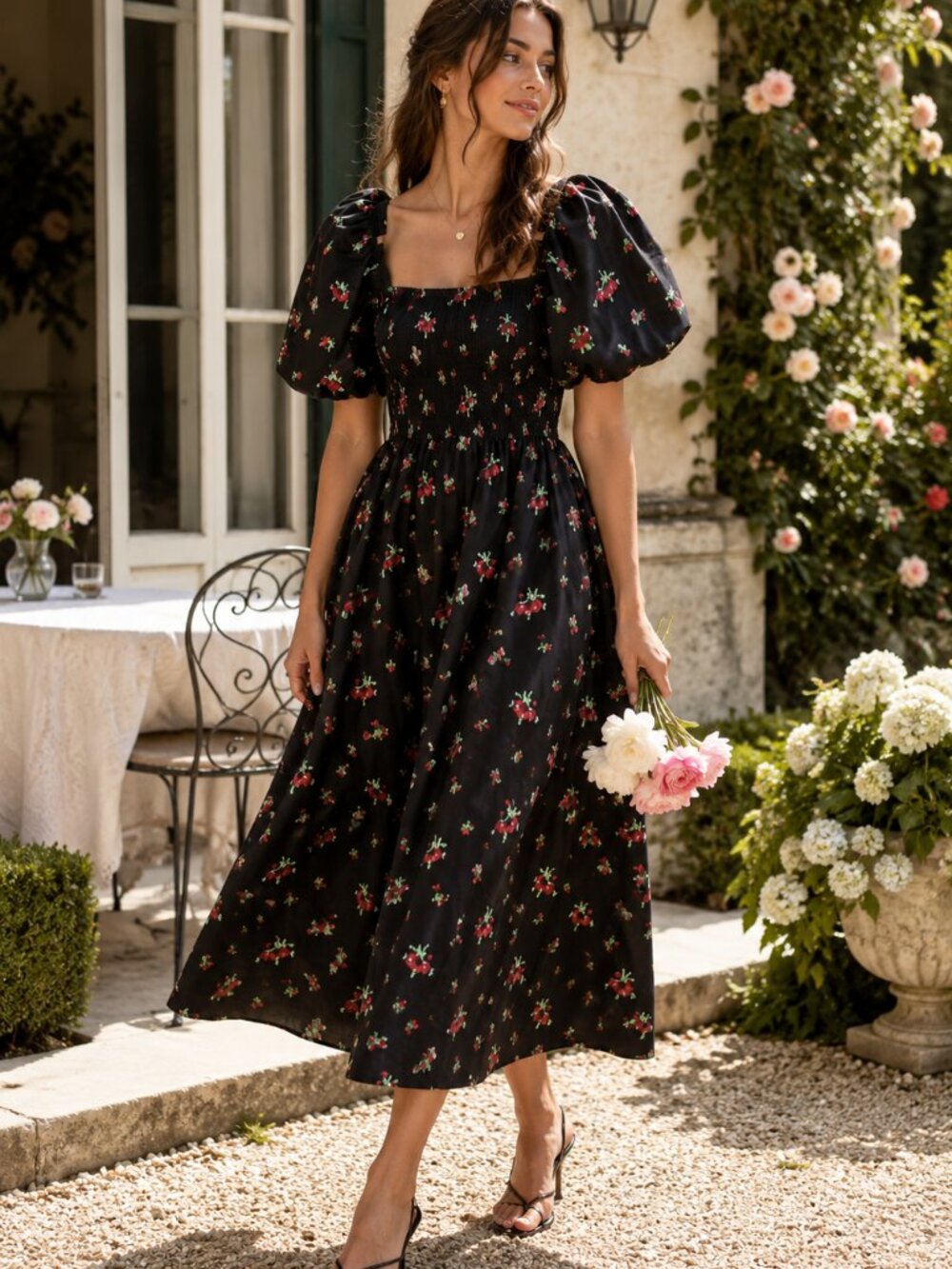 Hill House Matilda Dress Black Ikat Floral Taffeta XS Puff Sleeve Smocked Midi